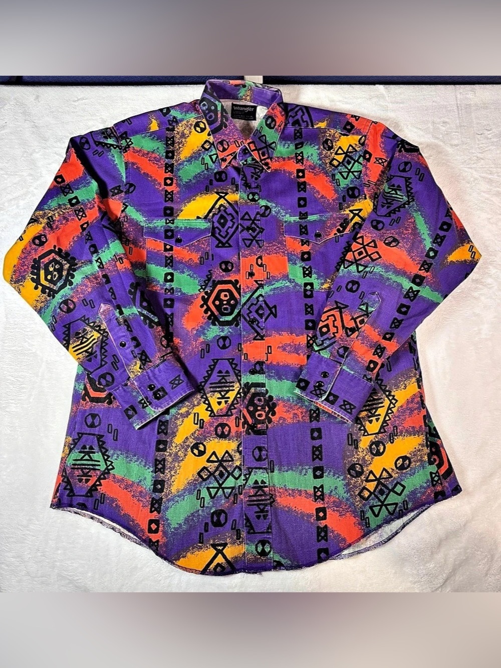 Wrangler Cowboy Cut Western Aztec Geometric Shirt Purple Mens L 16.5-34 Vintage